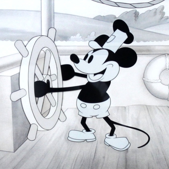 ディズニーアニメーションの絵画作品　タイトルは、ミッキーマウス　蒸気船ウィリー