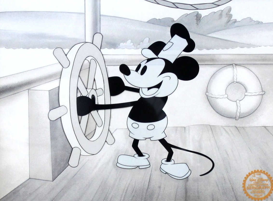 ディズニーアニメーションの絵画作品　タイトルは、ミッキーマウス　蒸気船ウィリー