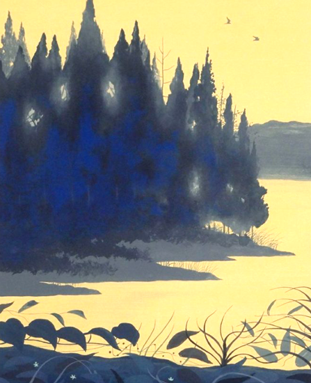 千住博の絵画作品　タイトルは、湖畔の朝-水の惑星