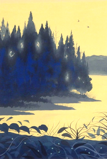 千住博の絵画作品　タイトルは、湖畔の朝-水の惑星