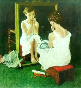 ノーマン・ロックウェルの絵画作品　タイトルは、鏡に向かう少女　Girl at the Mirror