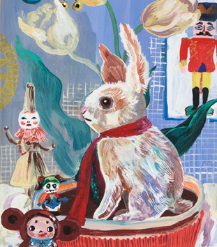 ナタリー・レテの絵画作品　タイトルは、チューリップと白うさぎさん