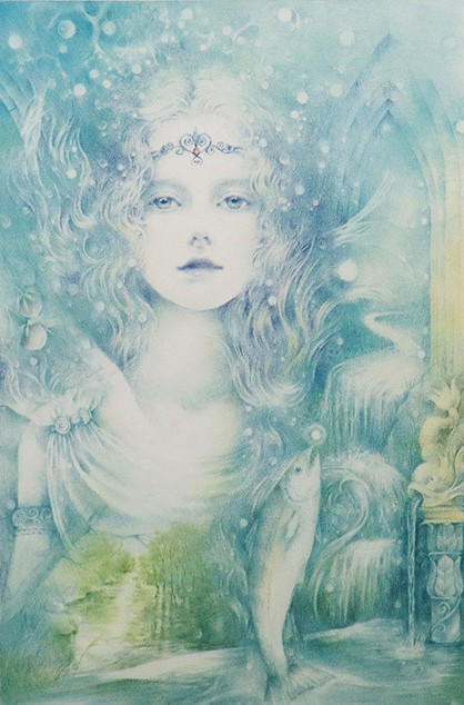 きたのじゅんこの絵画作品　タイトルは、智恵の木の実 ~川の女神ボアン~