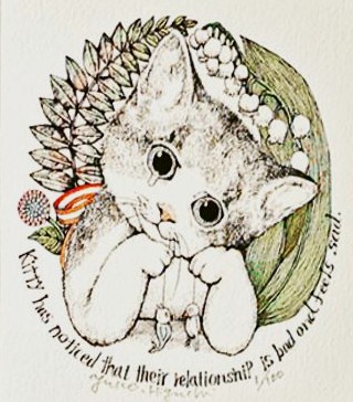 ヒグチユウコの絵画作品　タイトルは、こまるこねこ