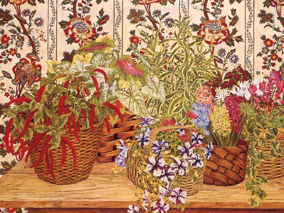 ジョン・ポーウェルの絵画作品　タイトルは、バスケットと花たち