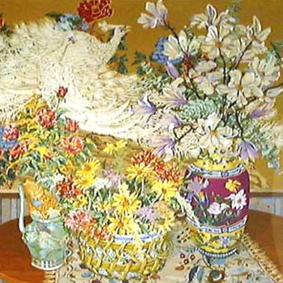 ジョン・ポーウェルの絵画作品　タイトルは、孔雀と花 PEACOOKS AND FLOWERS