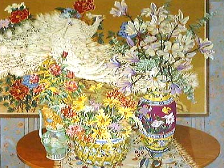 ジョン・ポーウェルの絵画作品　タイトルは、孔雀と花 PEACOOKS AND FLOWERS