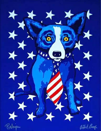 ジョージ・ロドリーゲの絵画作品　タイトルは、Srar-spamgred blue dog