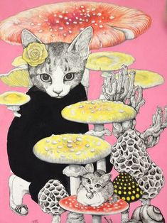 ヒグチユウコの絵画作品　タイトルは、ネコとキノコ