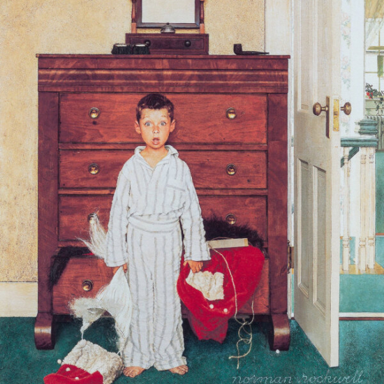 ノーマン・ロックウェルの絵画作品　タイトルは、ディスカバリング・サンタ