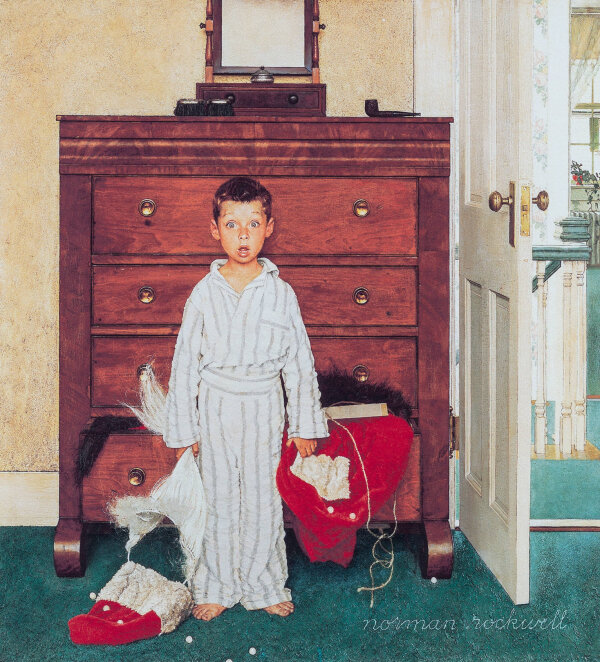 ノーマン・ロックウェルの絵画作品　タイトルは、ディスカバリング・サンタ