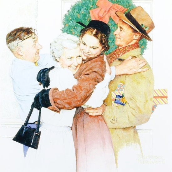 ノーマン・ロックウェルの絵画作品　タイトルは、クリスマスの帰郷　Home for Christmas