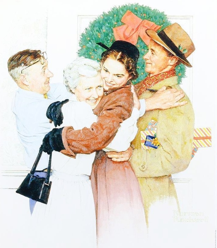 ノーマン・ロックウェルの絵画作品　タイトルは、クリスマスの帰郷　Home for Christmas